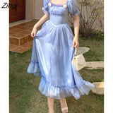 Princess Vintage Dress Women Elegant Bow Korean Fairy Midi Dress Femme Sexy Backless Lace-up Court Evening Party Dress