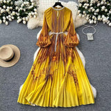 Elegant Dress Women Fashion Nail Ball Collar Hollow Pressure Folding Lantern Sleeves To Print Long