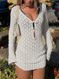 New Knitted Beach Hooded Sexy Hollow Knitted Short Dress Holiday Long-Sleeved