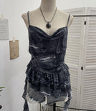 Shoot Spice Girl Swing Network Yarn Print Sling Vest Retivating Lotus Leaf Side Ribbon Short Top