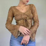 V Neck Floral Printed Bow Mesh T shirt Women Tops Flare Sleeve Retro Grunge Fairycore Lace Up Aesthetic