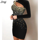 New Print Cutout Front Long Sleeve Bodycon Dress Women Sexy Hollow Out Slim Fit Long Sleeve Autumn Dress Sequins Black
