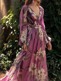 Summer Women V Neck Long Sleeve Flroal Print Purple Dress 2021 New Prom Robe Holiday Beach