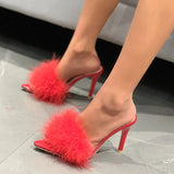 Large-Size Tips High-Heesed Slippers Female Fine And Fashion Hairy Toe Fashion Cool Drag High