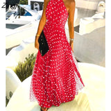 Women Elegant Polka Dot Print Chiffon Pleated Maxi Dress Boho Style Sleeveless Beach Wear Sexy Holiday Dress Long Dress