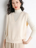 Zingj Blend 2024 Autumn / Winter New Ladies Loose V-Neck Solid Color Short Cover Vest Knit Vest Vest-Outfit