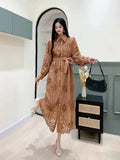 Style Dress Woman 2025 New Heavy Industry Embroidery Hollow Flower Buckle Repair In The Long Bubble Sleeve
