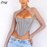 Sexy See Through Mesh T Shirts Women Gray Patchwork Long Sleeve Round Neck Bodycon Female Tops Summer Fashion