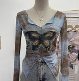 Shooting Amount Of Bumpy Tulle Spliced Denim Butterfly Design Sunscreen Coat V Collar Short T-Shirt