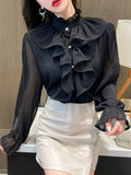 Fashion Chiffon Lace Shirts Stand Collar Korean Ruffles Stitching Button Blouse Woman Long Flare Sleeve Loose Tops