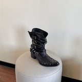 Super Fire Short Boots Tips Thick With Spring Rivet Pile Boots V Mouth Western Cowboy Martin Boots Female British