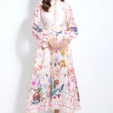 Court Elegant Fashion Print Single-D Row Lantern Sleeve Dress Women's Waists Thin Big Brand Long