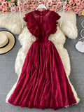 Purple/Green/Red Lace Midi Dress Women Sweet Round Neck Ruffle Vestidos Female High Waist Slim Robe Spring Autumn