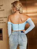 sale! Summer Corset Top Women Y2k Tops Blue Boycon Crop Top Off The Shoulder Sexy Mesh Top Outfits Girl Party