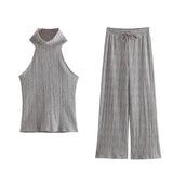 New Hanging Neckless Top Wide Leg Trousers Silk And Trouser