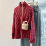 Women's Cotton Cashmere Lattice Half-High-Collar Sweater Korean Version Of The Student's Dress Dress Nice Hair Knitted