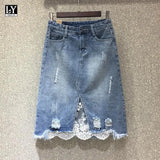 VAREY LIN 2025 New Spring Women Denim Skirts Casual Lace Irregular A-line Skirts High Waist Hole Split Denim Skirt Lady 211-1-Outfit