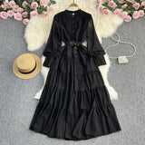 Zingj Dress New V-Neck Single Breasted Chiffon Dress Female French Retro Waist Show Thin Big Place A Word Long Skirt