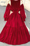 Vintage Women Hollow Out Long Dress Elegant Ruffle O-Neck High Waist A-Line Big Swing Party Vestidos Female New