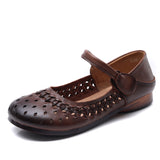 Cow Skin Retro Hollow Sandals Women 2025 Summer New Comfortable Breathable Hole Shoes Casual Mother