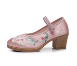 Zingj Heel Square With Women's Shoes A Word Buckle Shallow Spring And Summer New Embroidered Cloth Shoes With Horse Face Skirt High Heel Embroidered