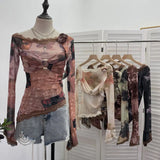 Shooting Lace Splicing Oblique Shoulder Thin Tie-Dye Mesh T-Shirt Girl T-Shirt T-Shirt Shawl T-Shirt