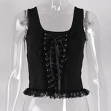 Summer New Black Vest Ins Square Collar Knitted Lace Sleeveless Halter