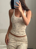 Windless Sleeveless Umbilly Flower Vest With Broken Broad Leg Pants Casual Home Women's Summer