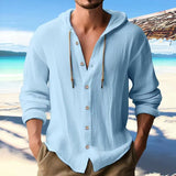 New Fashion Spring And Summer Men's Hooded Shirt Solid Cotton And Cotton Leisure Long-Sleeved