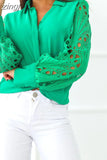 Sexy Lace Hollow Out Women Blouse Streetwear 2023 Autumn Black Button Up Shirts Green Top Long Sleeve Mesh Design