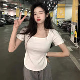 Zingj 2024 New Pure Desire Wind Big U-Collar Hot Girl Top Show Slim Slim Irregular Short-Sleeved T-Shirt Female