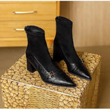 Brown Short Boots Women Thick And 2025 Autumn And Winter New Splicing Elastic Thin Boots Tips 6CM High