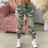 Spring Summer Women Camouflage Print Drawstring Pocket Design Cargo Pants Casual Long Trouser Loungewear Daily Wear