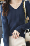 Women Sweater Long Sleeve Top Knitted Pullover V-Neck Fashion Sweater Woman Winter 2023 Basic Female Clothing Soild OL