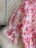 Vintage Women Pink Floral Printed Mermaid Bodycon Dress Female Elegant V-Neck Short Sleeve Draw String Vestidos