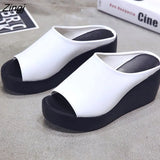 Women Sandals 7.5cm Platform Wedges Women's Shoes Thick Heel Open Peep Toe Sandals Leather Summer Style Slide Black
