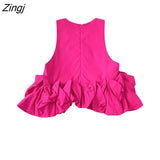 Women O Neck Sleeveless Hem Pleated Ruffles Short Smock Blouse Female Asymmetric Shirt Chic Zipper Blusas Tops