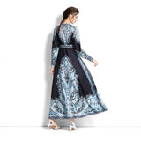 And Autumn Dress Retro Court Style Lapl Lantern Sleeve Print Dress Women's Single Buckle Large A-Word Over Knee