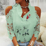 Hollow Out Printed Blouses V-Neck Short Sleeve Lace Shirts Summer Female Strapless Blouse Women Casual Tops Elegant