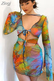 Butterfly Tie Dyeing Print Sexy Women Dress Clubwear 2023 Long Flare Sleeve Hollow Out Lace-up V-neck Pencil
