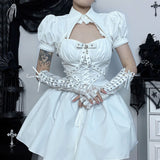 Autumn New Polo Collar Bubble Sleeve Blouse Cornflower Ribbon Slim Suspender Dress
