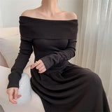 Long Sleeve Slash Neck Off Shoulder Knitted Sweater Maxi Dress for Women Clothing Sexy Party Office Lady Fashion