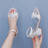 Cm Square Sandals Shallow Mouth With Coarse Sandals Horseshoes And White Lace Flowers Bride Wedding