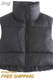 Women's Winter Crop Vest Zip Up Stand Collar Sleeveless Cropped Puffer Vest Lightweight Padded Gilet Warm