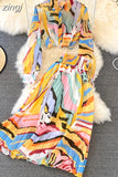 Women Printed Chiffon Two Piece Set Female Turn-Down Collar Single Breasted Blouse + High Waist Pleated Skirt Suit