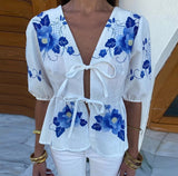 Women's V-Neck Tie With Printed Short-Sleeved Top - Explosive Long-Term Stocking Assured