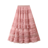 Heavy Industry Lace Cake Skirt Long Skirt Sweet Wind High Waist Wood Ear Net Yarn Skirt