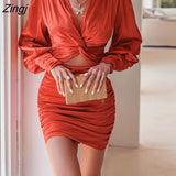 Sexy Hollow Out Women's Mini Dress Lantern Sleeve Satin Party Club Dresses Deep V-neck Bodycon Ruched Dress