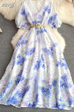 Women Printed Chiffon Dress Elegant V-Neck Short Puff Sleeve High Waist A-Line Vintage Vestidos With Sashes New
