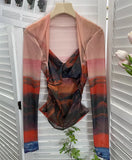 Tie-Dye-Print Long Sleeve Bottom Sexy Hottie V-Neck T-Shirt Folded Slimming Mesh Yarn Top